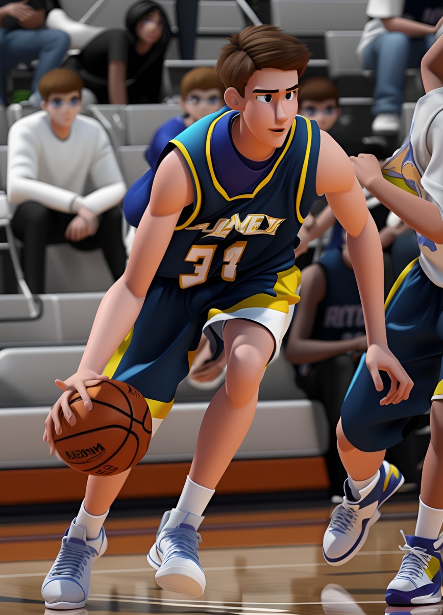 3D cartoon of a young man playing basketball, created from a reference photo by generative AI similar as MidJourney and ChatGPT