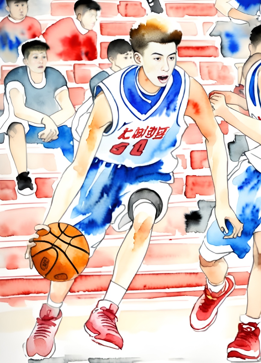 Chinese ink painting of a young man playing basketball, created from a reference photo by generative AI similar as MidJourney and ChatGPT