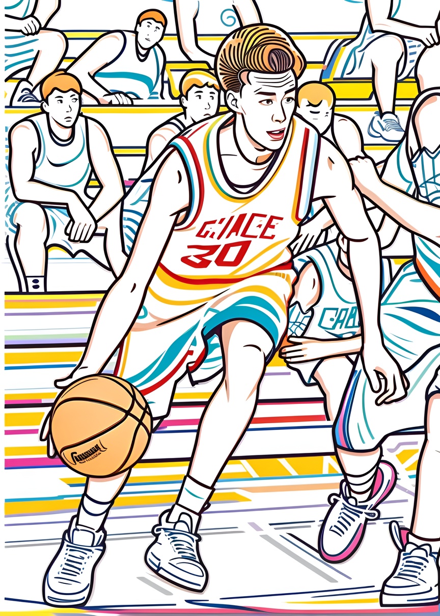 Line art picture of a young man playing basketball, created from a reference photo by generative AI similar as MidJourney and ChatGPT