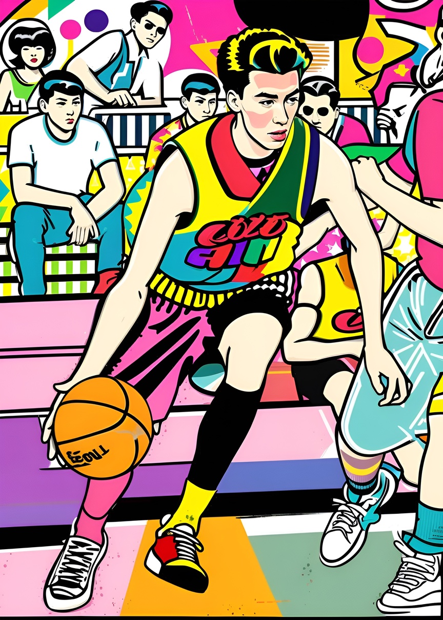 Pop art picture of a young man playing basketball, created from a reference photo by generative AI similar as MidJourney and ChatGPT