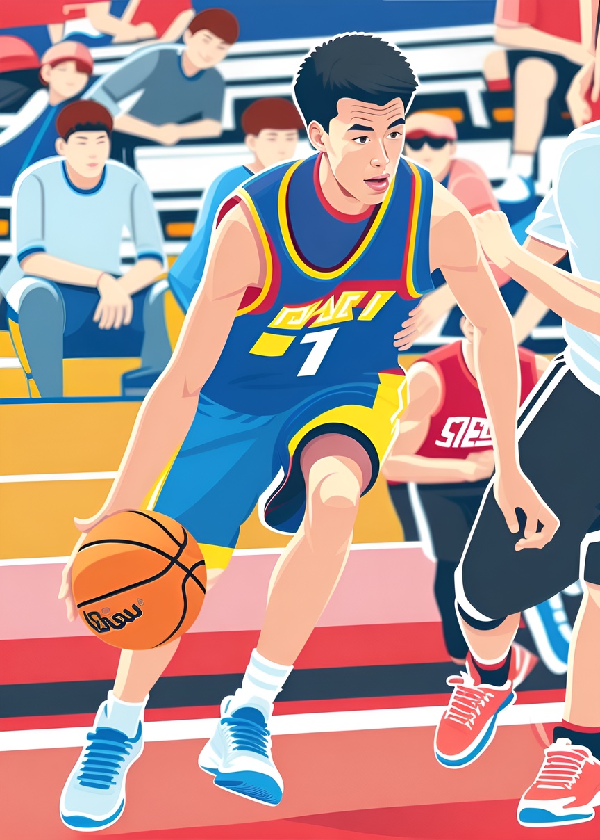 Vector art picture of a young man playing basketball, created from a reference photo by generative AI similar as MidJourney and ChatGPT