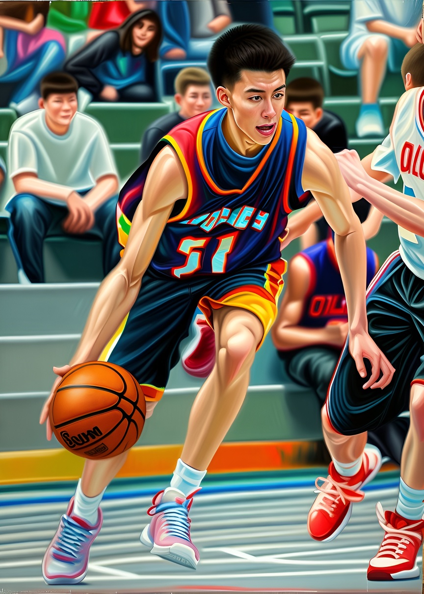 Vibrant painting of a young man playing basketball, created from a reference photo by generative AI similar as MidJourney and ChatGPT