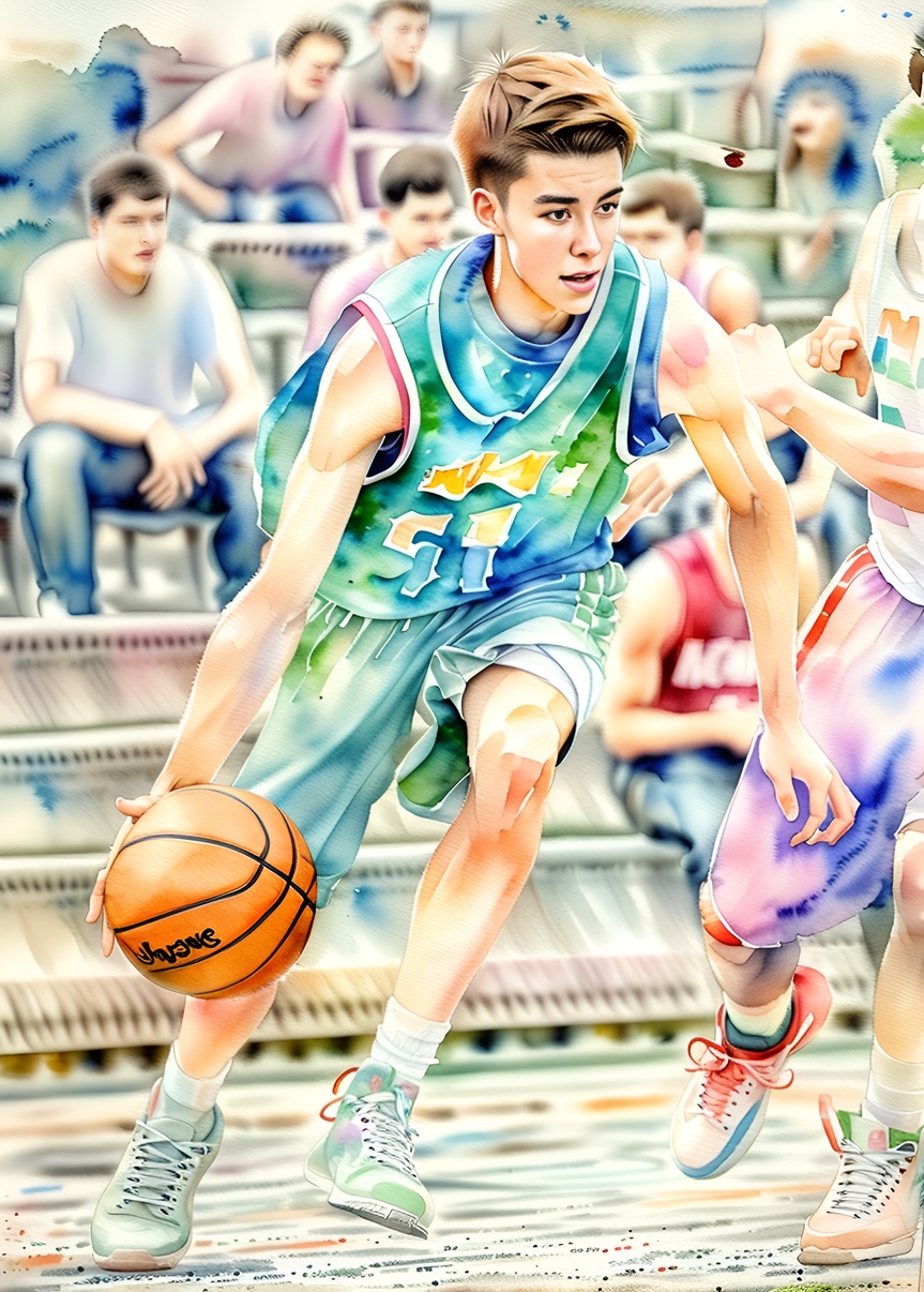 Watercolor painting of a young man playing basketball, created from a reference photo by generative AI similar as MidJourney and ChatGPT