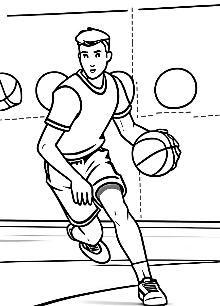 Coloring page of a young man playing basketball, created from a reference photo by generative AI similar as MidJourney and ChatGPT