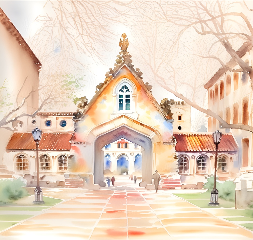 Watercolor painting of a college campus, created from a reference photo by generative AI similar as MidJourney and ChatGPT