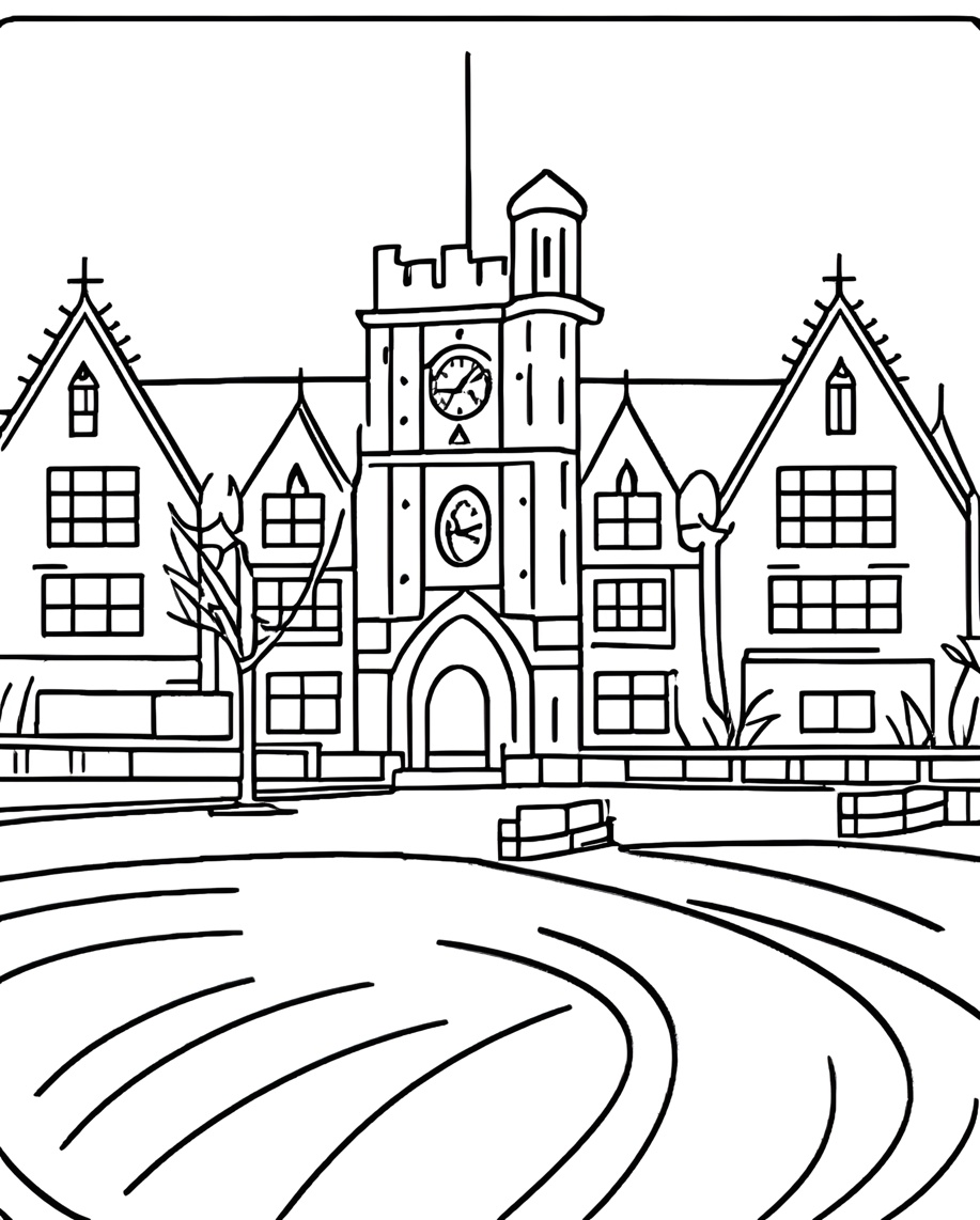 Coloring page of a buildig in college campus, created from a reference photo by PortraitArt app