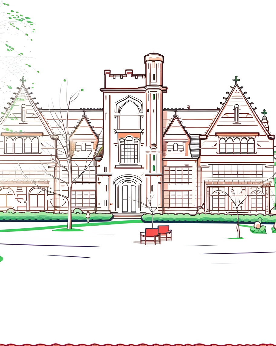 Line art picture of a building in a college campus, created from a reference photo by PortraitArt app