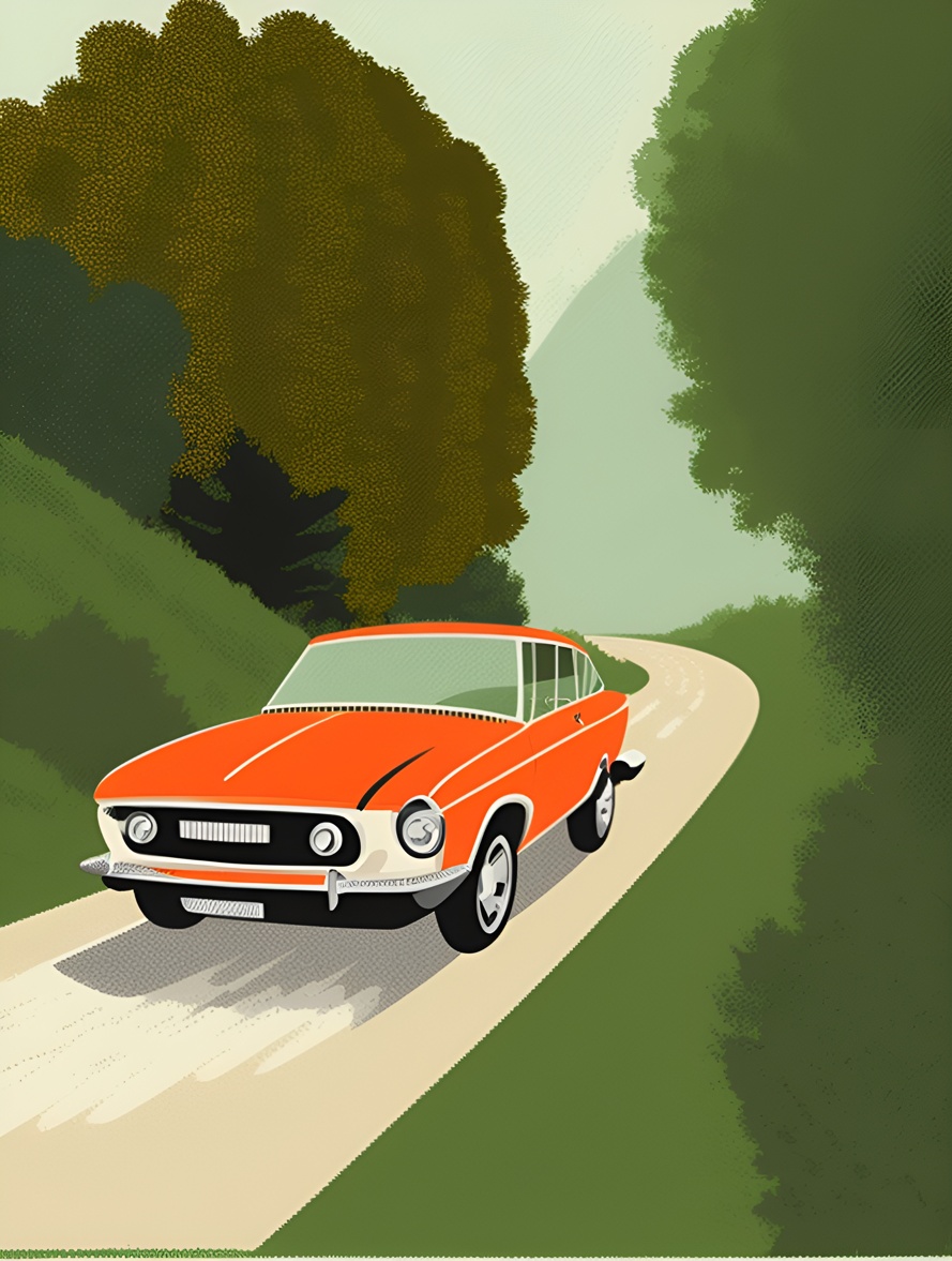 Illustration of a car, created from a reference photo by generative AI similar as MidJourney and ChatGPT