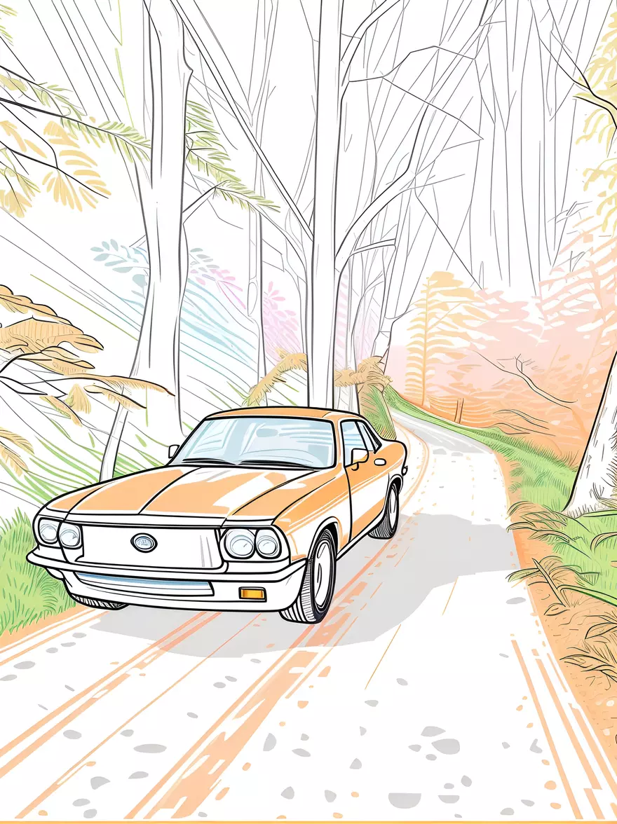 Line art drawing of a car, created from a reference photo by generative AI similar as MidJourney and ChatGPT