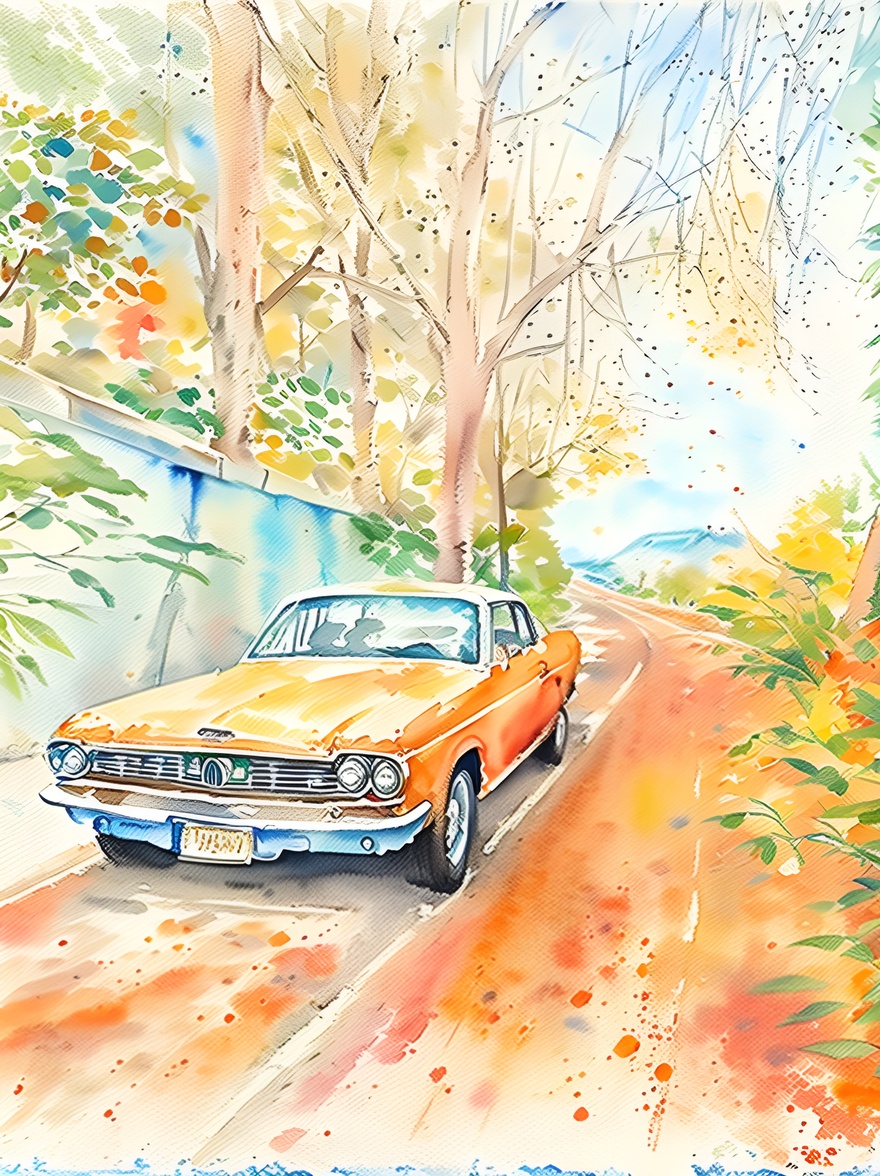 Watercolor painting of a car, created from a reference photo by generative AI similar as MidJourney and ChatGPT