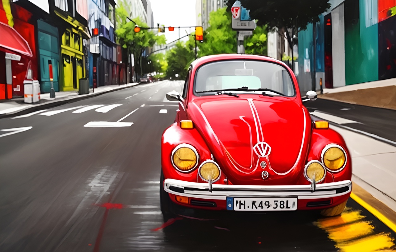 Vibrant painting of a car, created from a reference photo by generative AI similar as MidJourney and ChatGPT