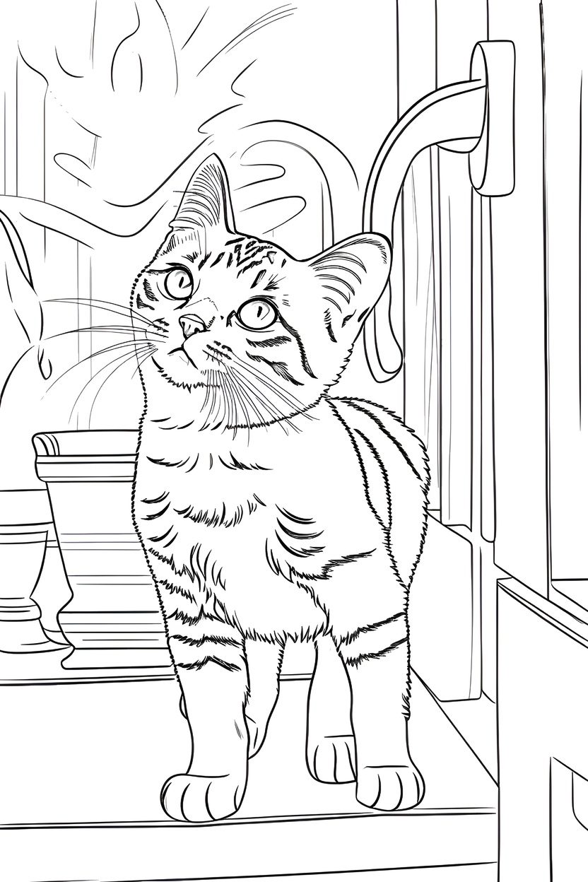 coloring page of a cat, created from a reference photo by generative AI similar as MidJourney and ChatGPT