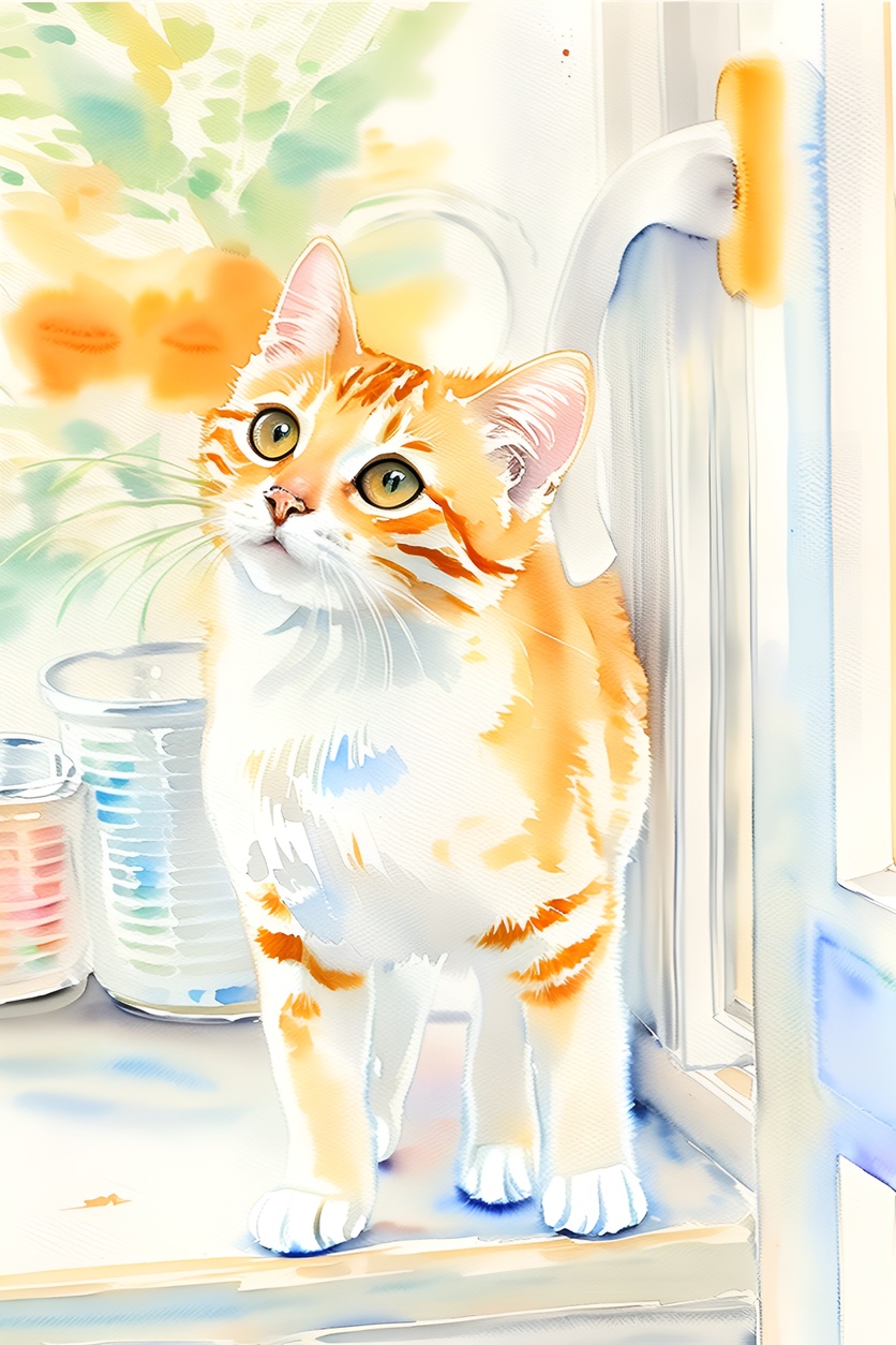 watercolor painting of a cat, created from a reference photo by generative AI similar as MidJourney and ChatGPT