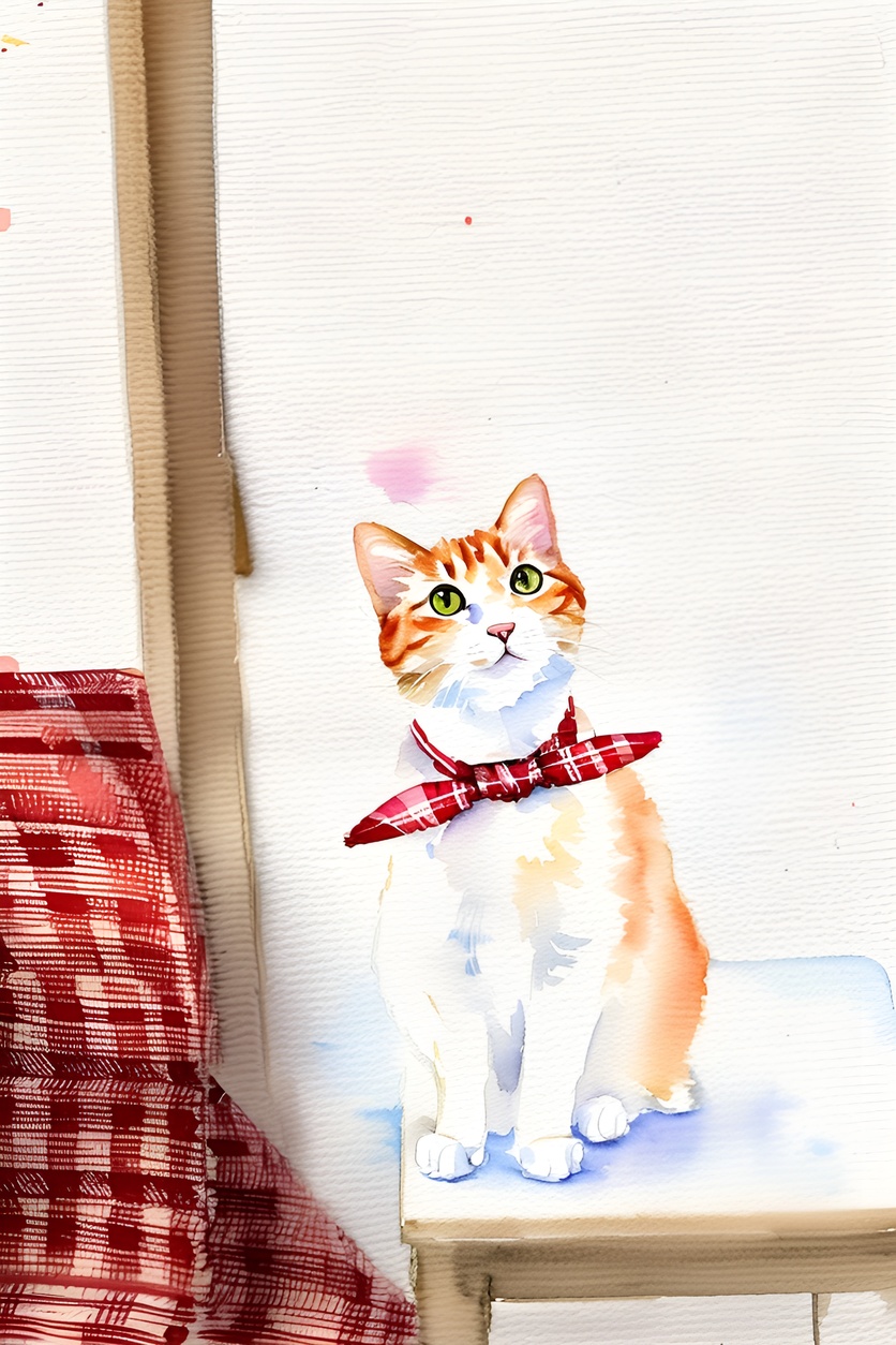 watercolor painting of a cat wearing a tie, created from a reference photo by generative AI similar as MidJourney and ChatGPT