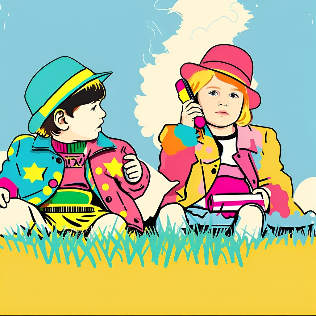 Pop art picture of two children playing on grass, created from a reference photo by generative AI similar as MidJourney and ChatGPT