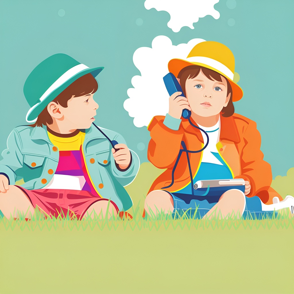 Vector art of two children playing, created from a reference photo by generative AI similar as MidJourney and ChatGPT