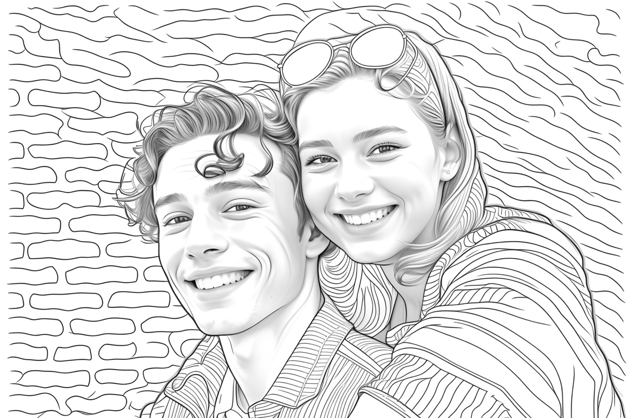 line sketch drawing of a young couple from a reference photo, by generative AI similar as MidJourney and ChatGPT