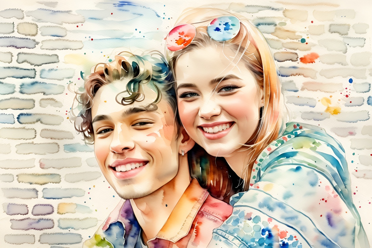 A watercolor painting of a couple, from a reference photo by generative AI