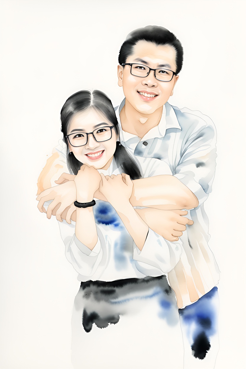 Chinese ink painting of a couple, created from a reference photo by generative AI similar as MidJourney and ChatGPT