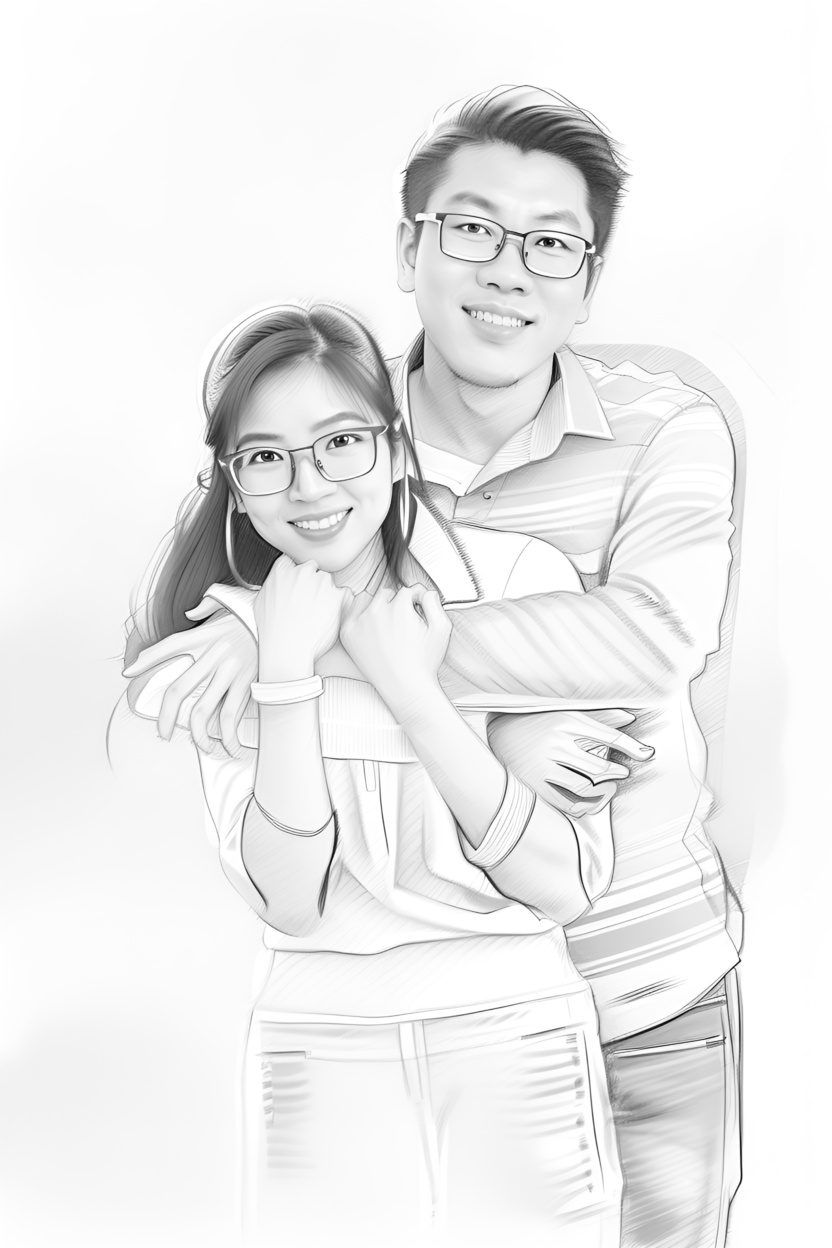 pencil sketch drawing of a young couple, created from a reference photo with generative AI similar as MidJourney and ChatGPT