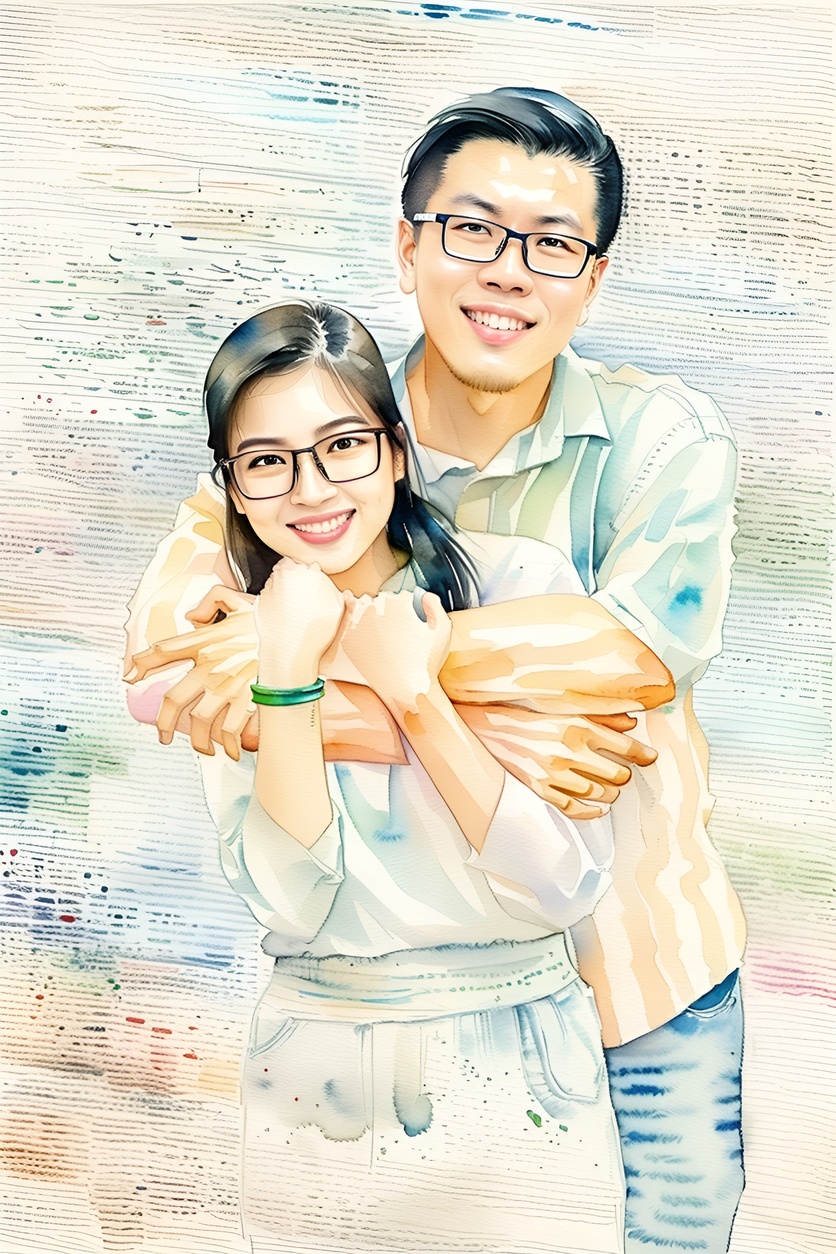 watercolor painting of a couple, created from a reference photo by generative AI similar as MidJourney and ChatGPT