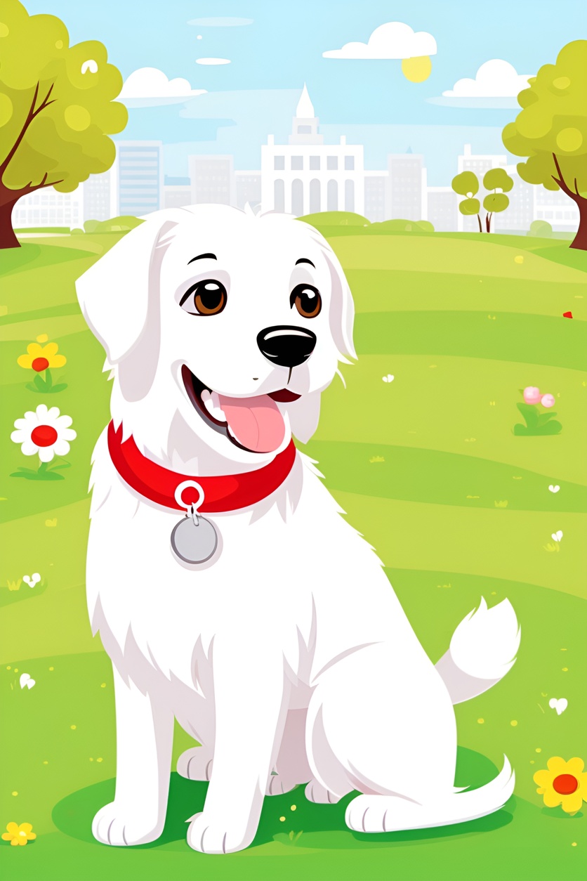 cartoon drawing of a dog sitting on grass, created from a reference photo by generative AI similar as MidJourney and ChatGPT