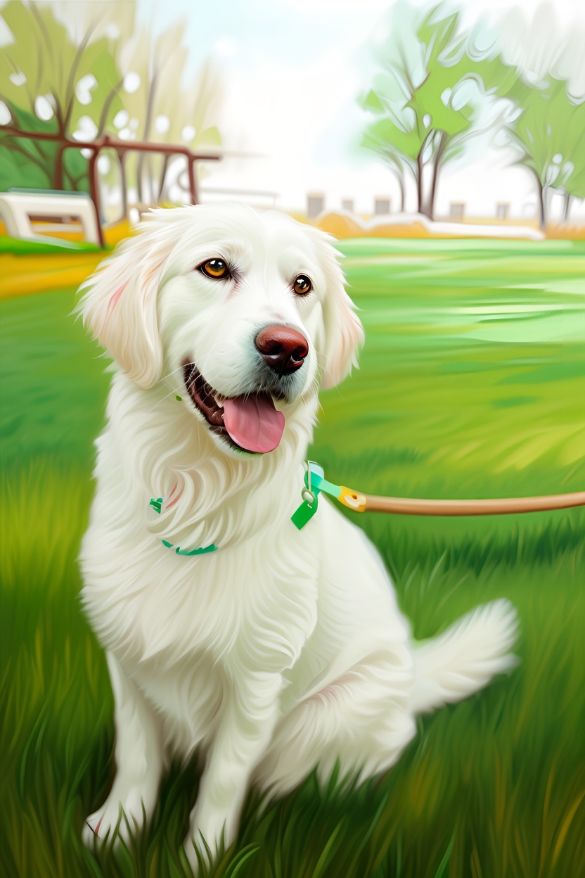 vibrant paint of a dog sitting on grass, created from a reference photo by generative AI similar as MidJourney and ChatGPT