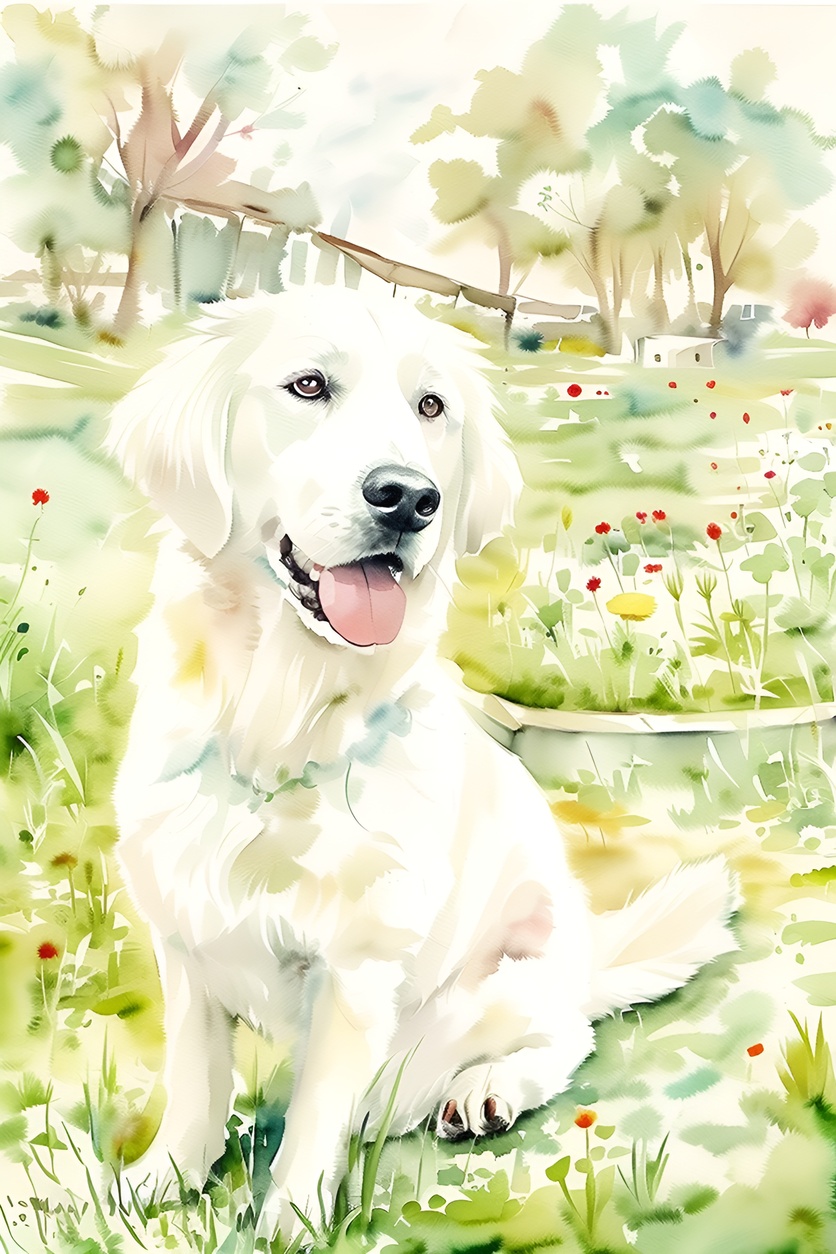 watercolor painting of a dog, created from a reference photo by generative AI similar as MidJourney and ChatGPT