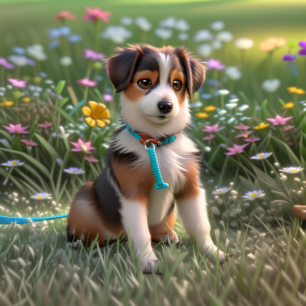 A 3D cartoon picture of a dog sitting on grass, created from a reference photo by generative AI