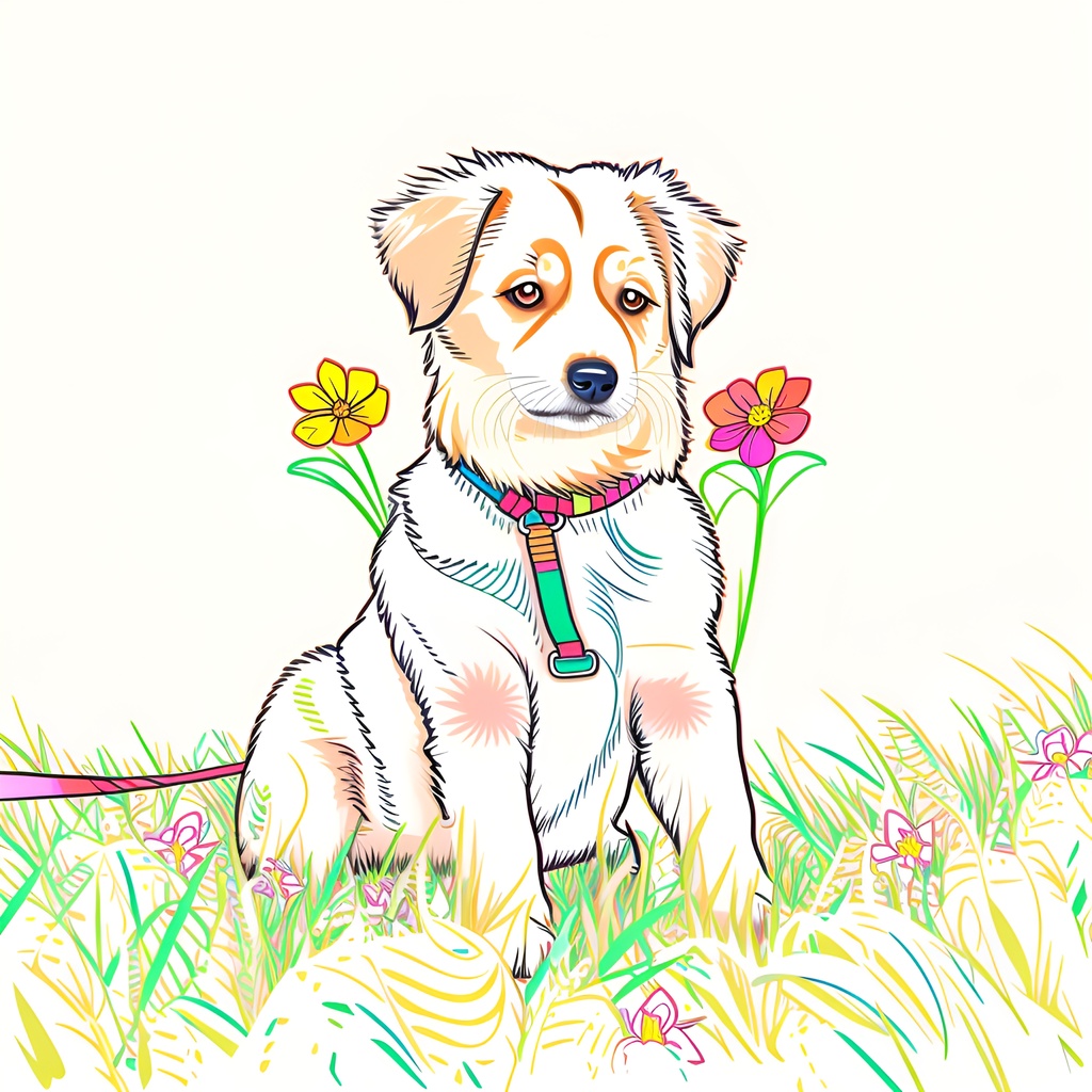 A line art picture of a dog sitting on grass, created from a reference photo by generative AI