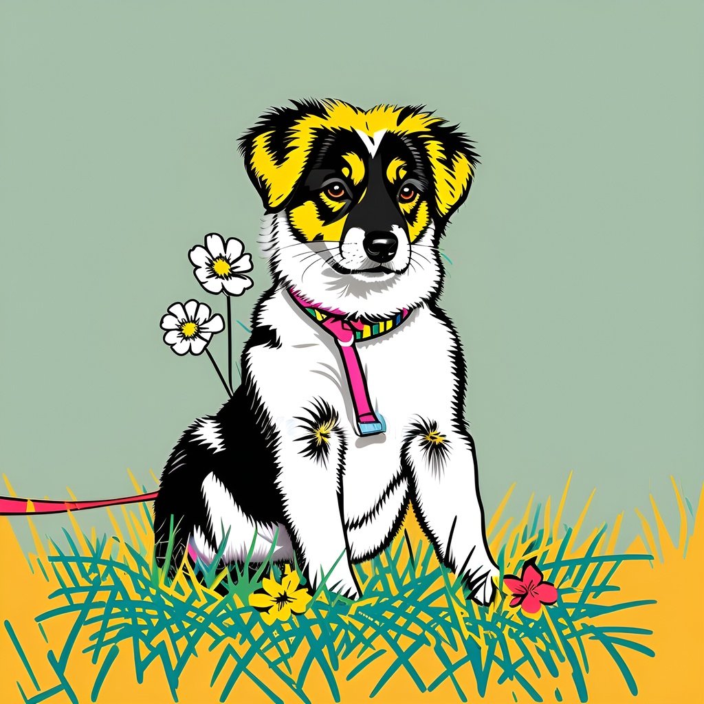 A pop art picture of a dog sittiong on grass, created from a reference photo by generative AI