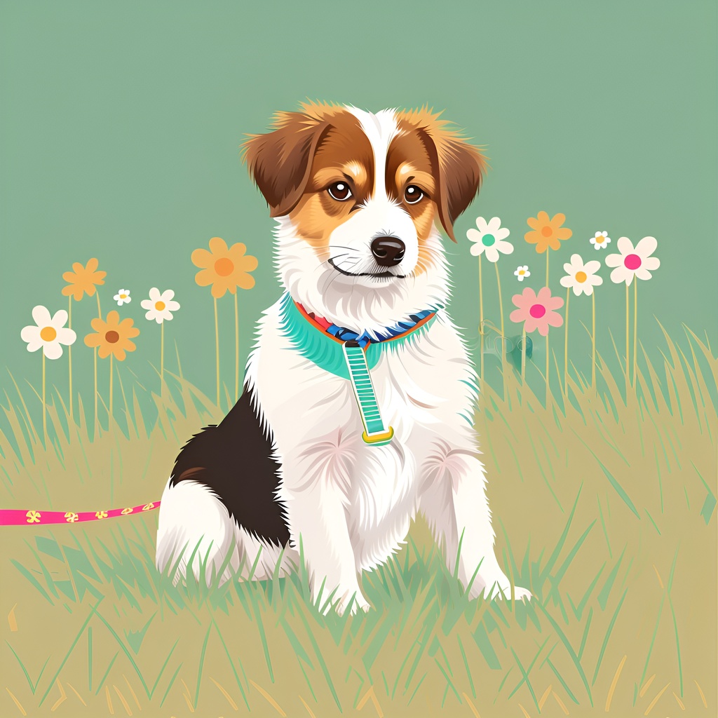 A vector art picture of a dog sitting on grass, created from a reference photo by generative AI