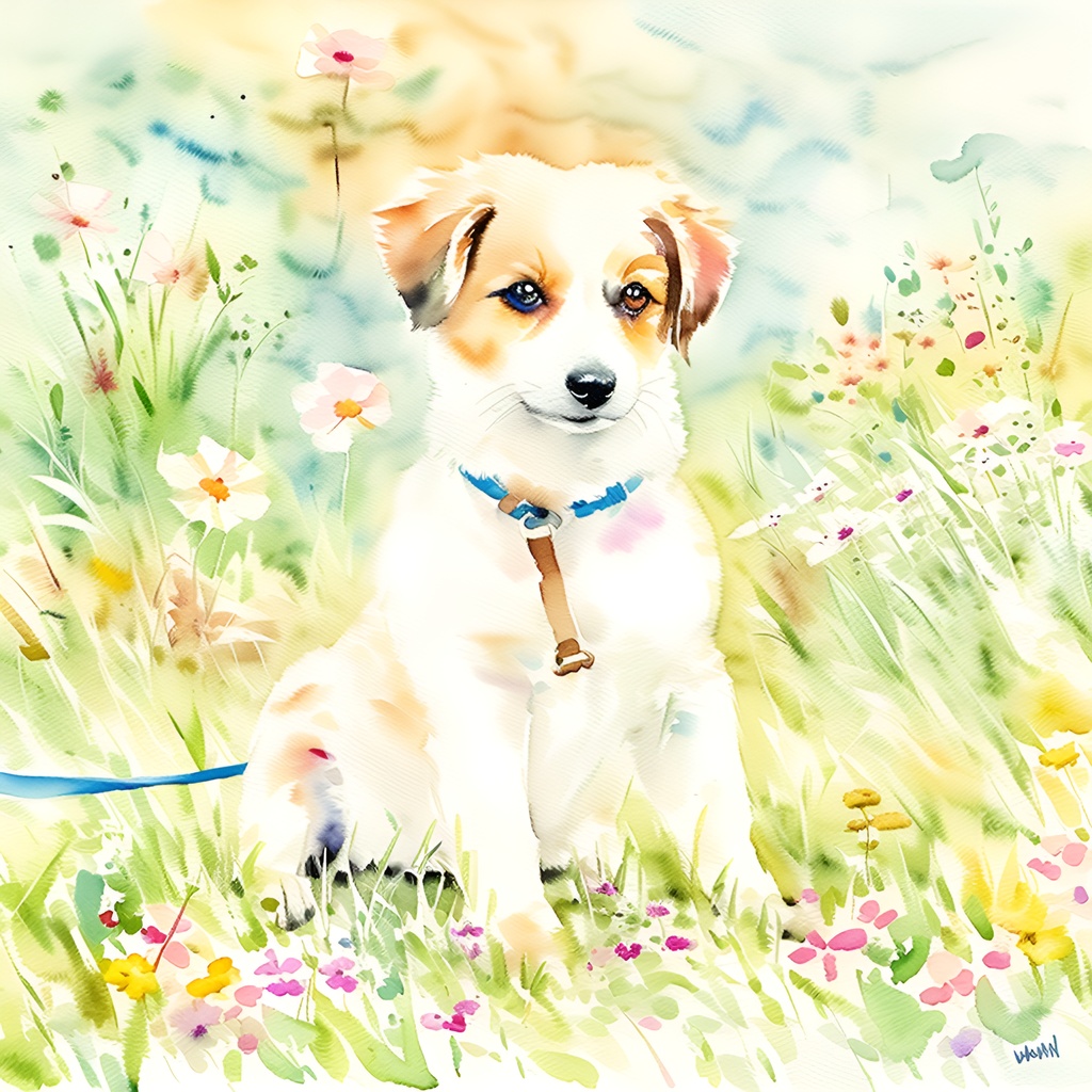 A watercolor painting of a dog sitting on grass, created from a reference photo by generative AI