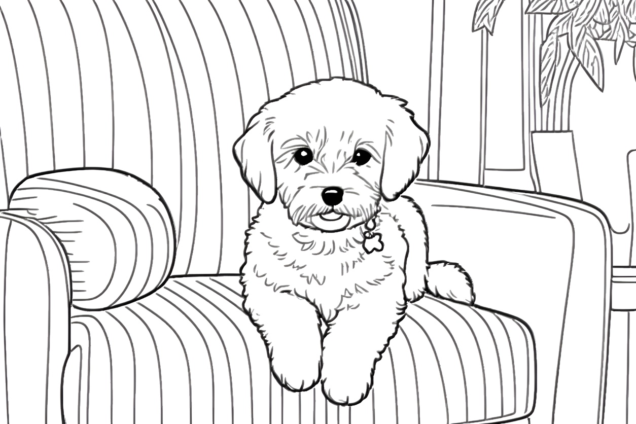 A coloring page of a cute dog sittong on a sofa, created from a photo by generative AI