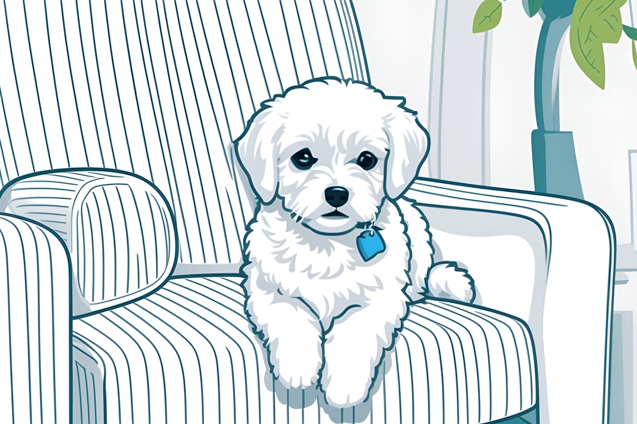 A line art picture of a cute dog sitting on a sofa, created from a reference photo by generative AI