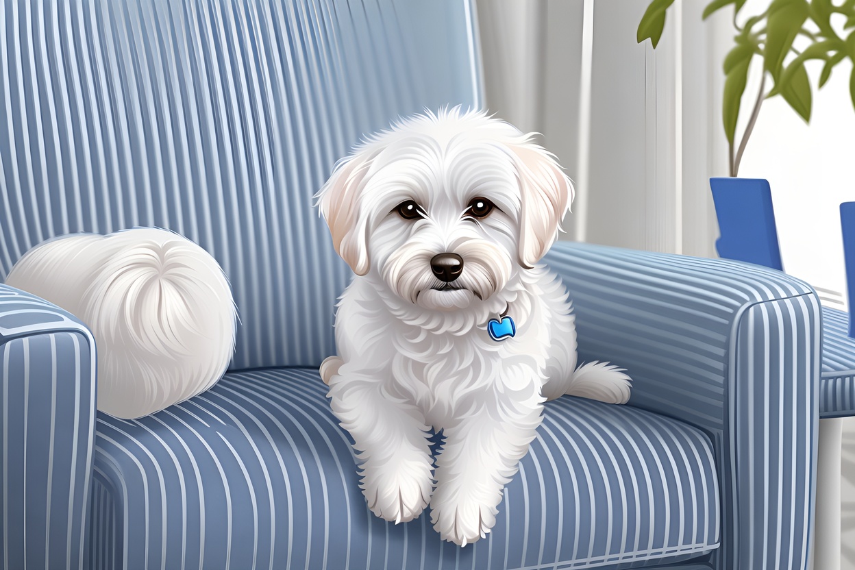 An vector art drawing of a cute dog sitting on a sofa created from a reference photo by generative AI similar as MidJourney and ChatGPT