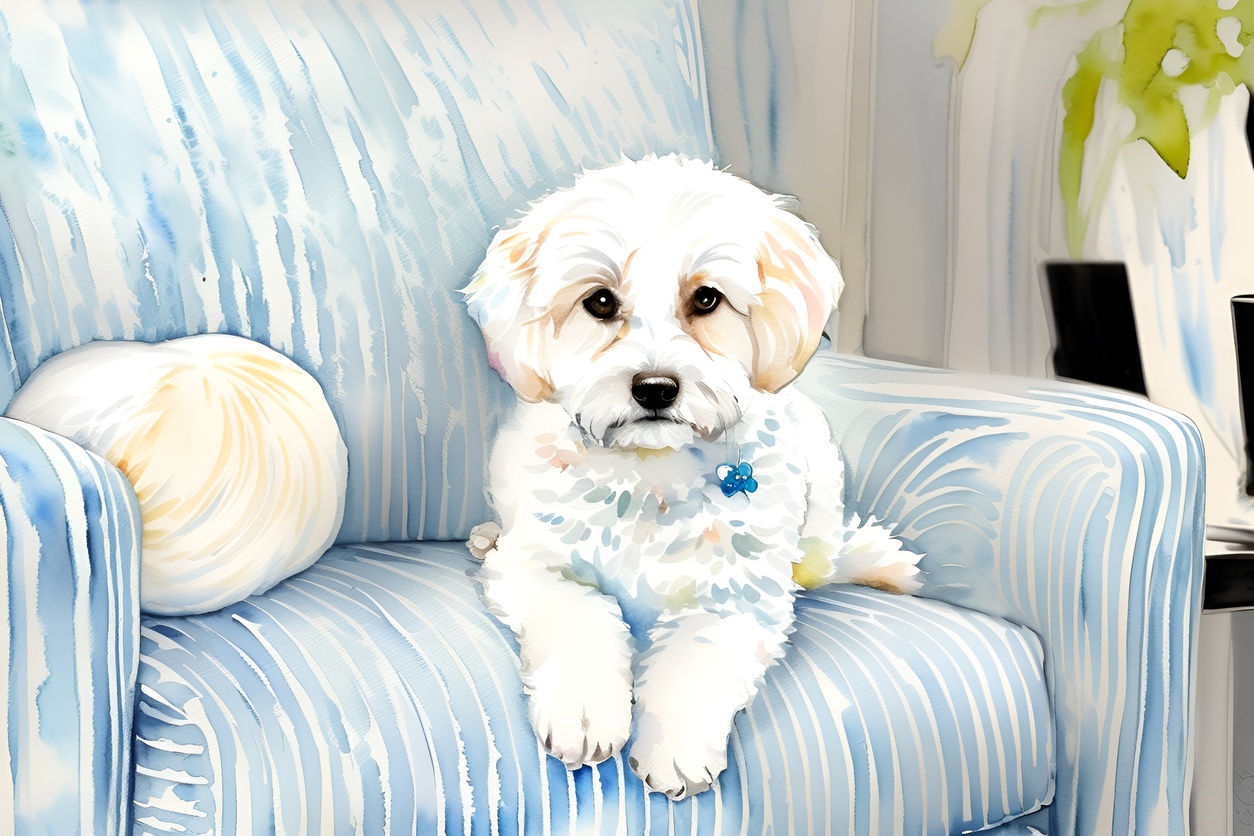 A watercolor painting of a cute dog sittong on a sofa, created from a reference photo by generative AI