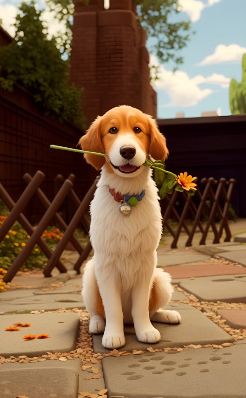 3D cartoon drawing of a dog holding a bouquet of flower in its mouth, created from a reference photo by generative AI similar as MidJourney and ChatGPT