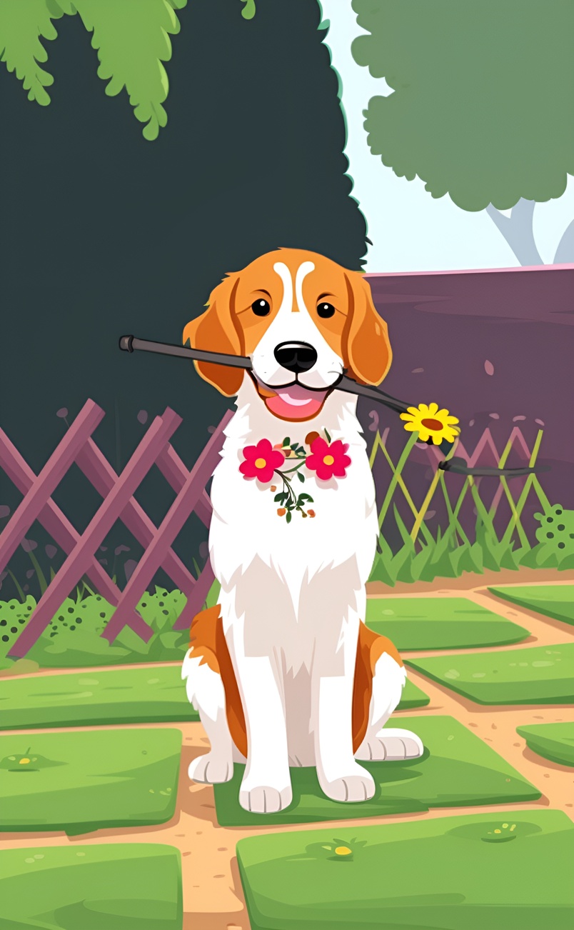 cartoon drawing of a dog holding a bouquet of flower in its mouth, created from a reference photo by generative AI similar as MidJourney and ChatGPT