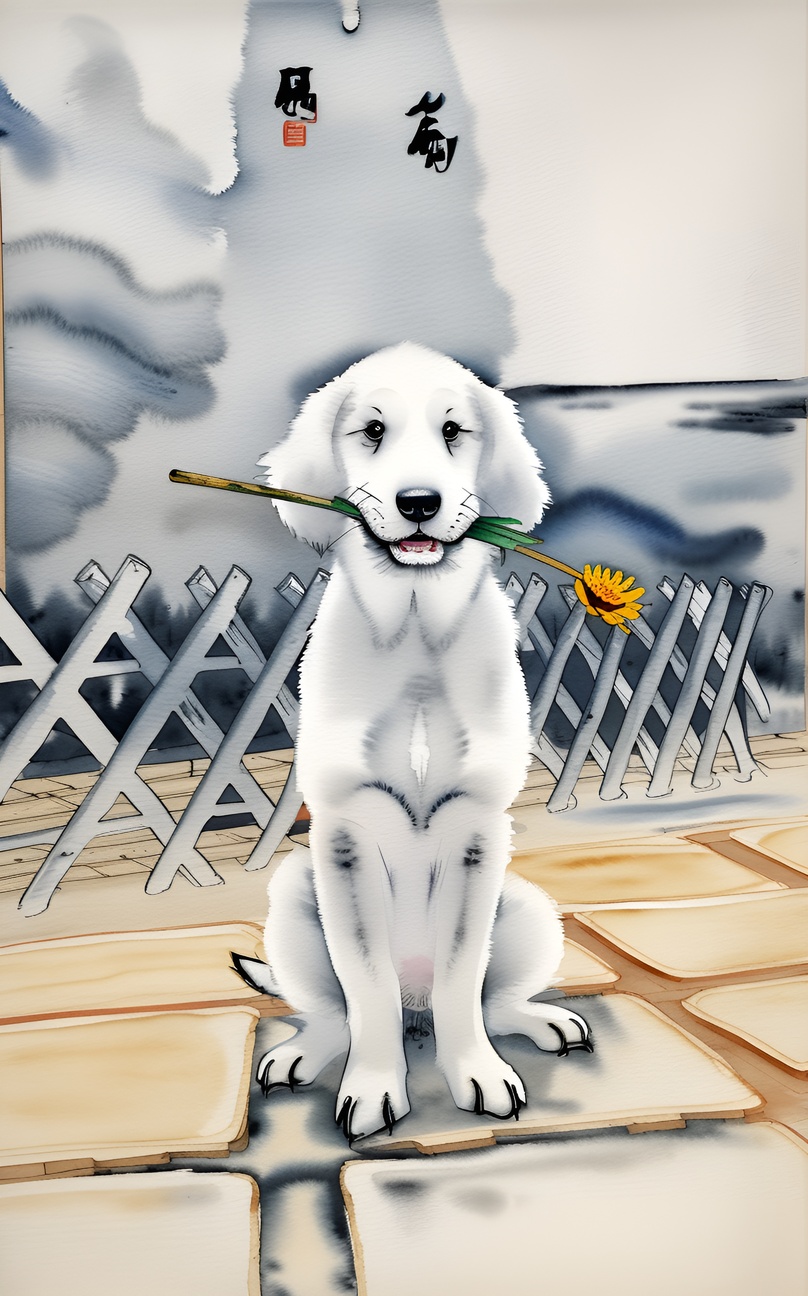 Chinese ink painting of a dog holding a bouquet of flower in its mouth, created from a reference photo by generative AI similar as MidJourney and ChatGPT