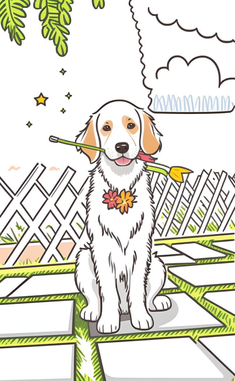 line art picture of a dog holding a bouquet of flower in its mouth, created from a reference photo by generative AI similar as MidJourney and ChatGPT