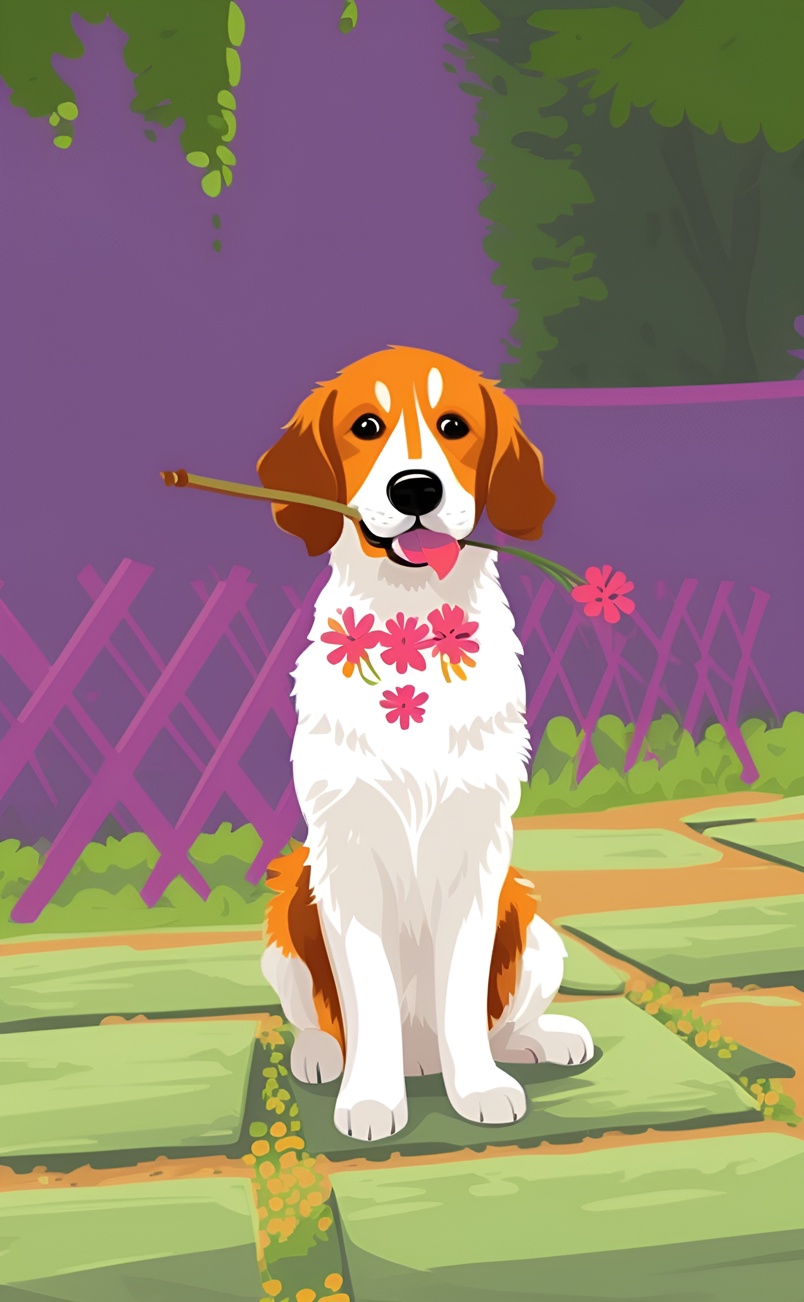 vector art picture of dog holding a bouquet of flower in its mouth, created from a reference photo by generative AI similar as MidJourney and ChatGPT