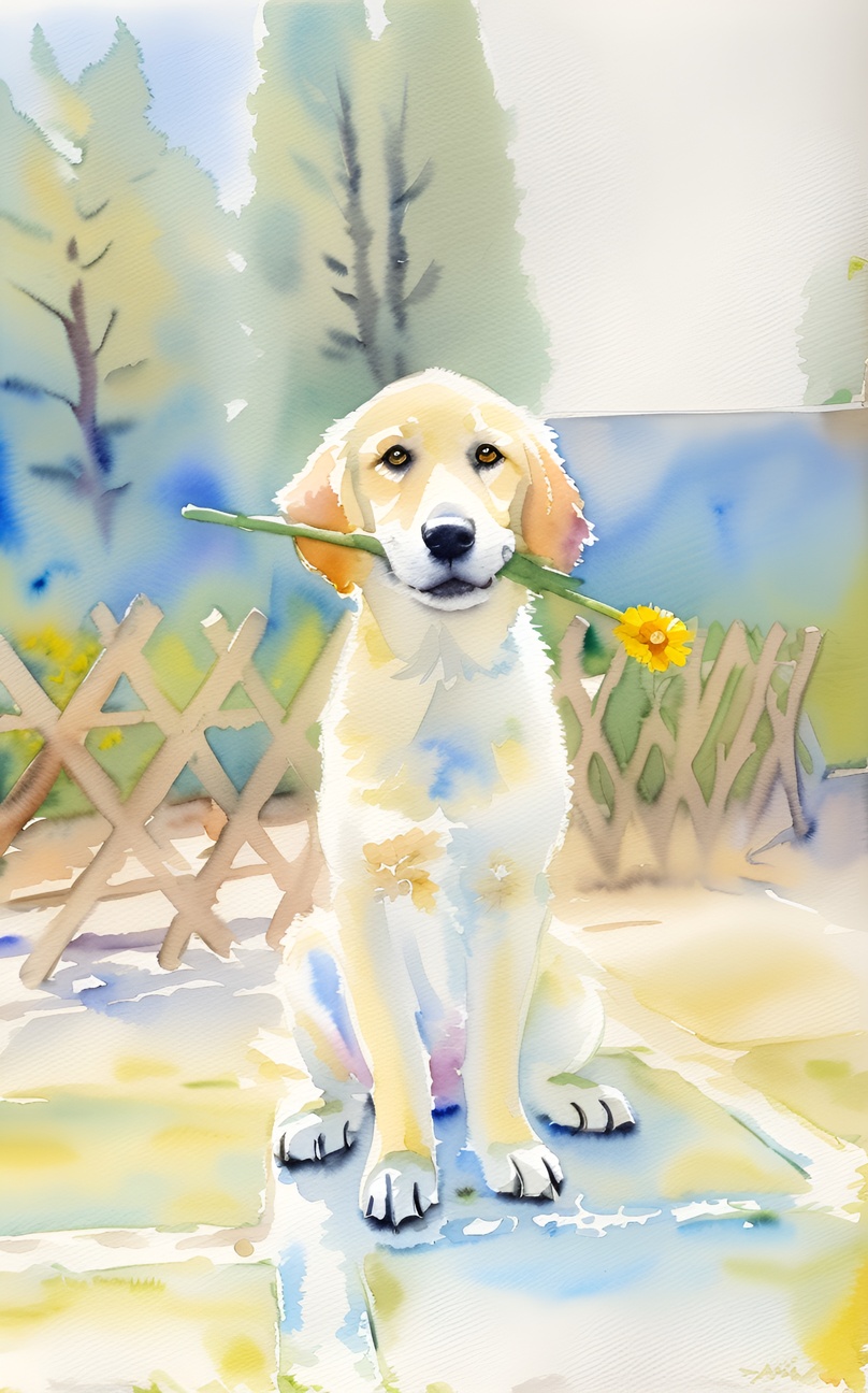 watercolor painting of a dog holding a bouquet of flower in its mouth, created from a reference photo by generative AI similar as MidJourney and ChatGPT