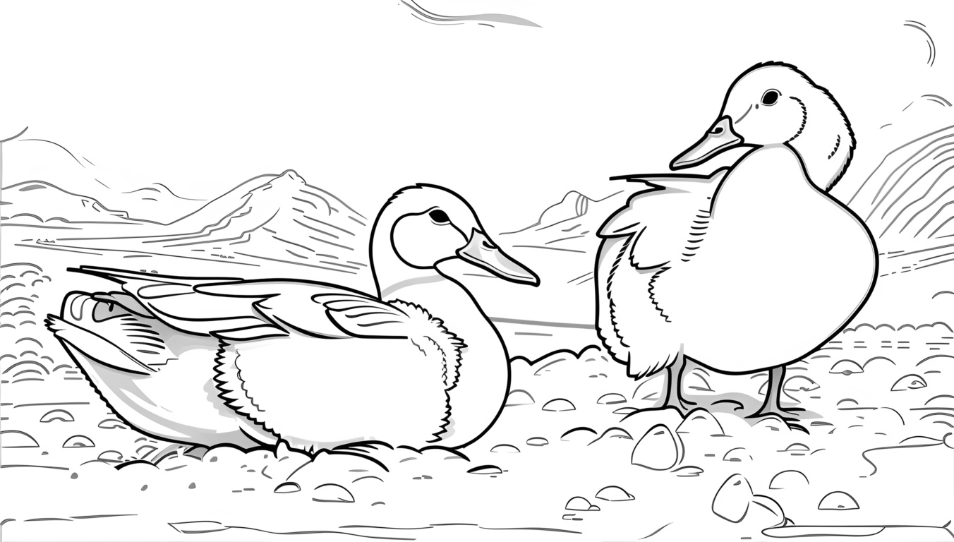 line sketch drawing of two ducks from a reference photo, created by generative AI similar as MidJourney and ChatGPT