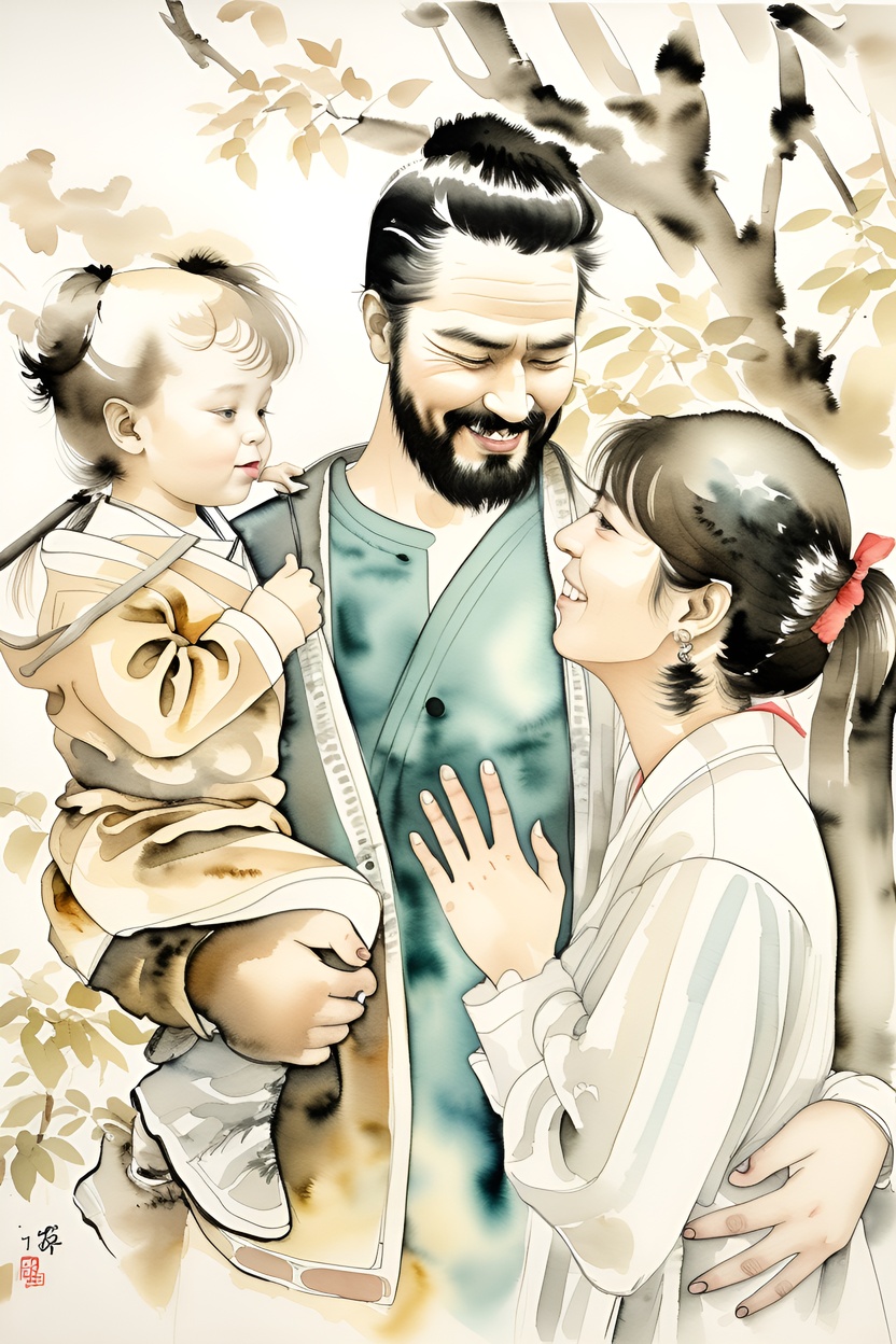 Chinese ink painting of a family, created from a reference photo by generative AI similar as MidJourney and ChatGPT