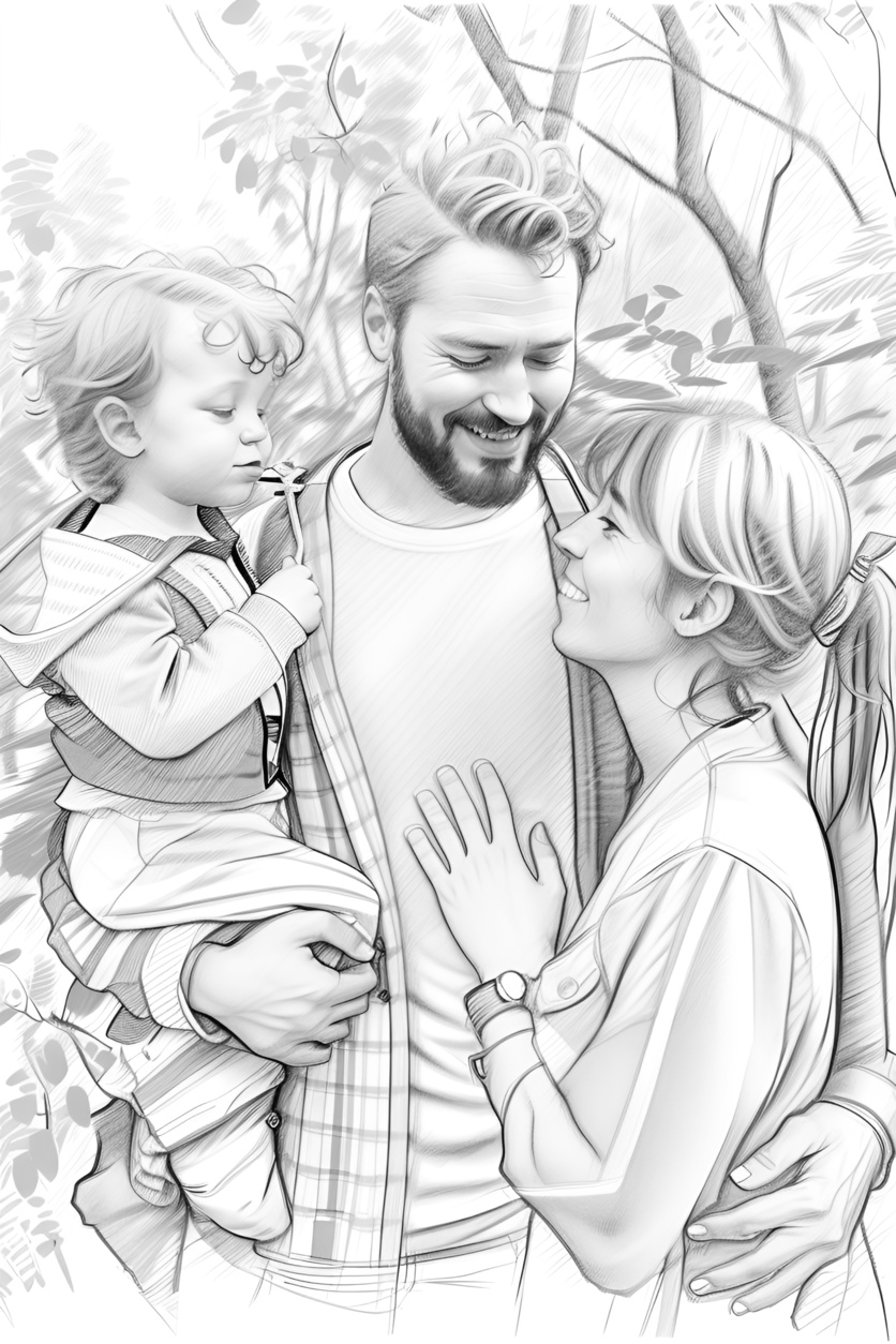 pencil sketch drawing of a family, created from a reference photo with generative AI similar as midjourney