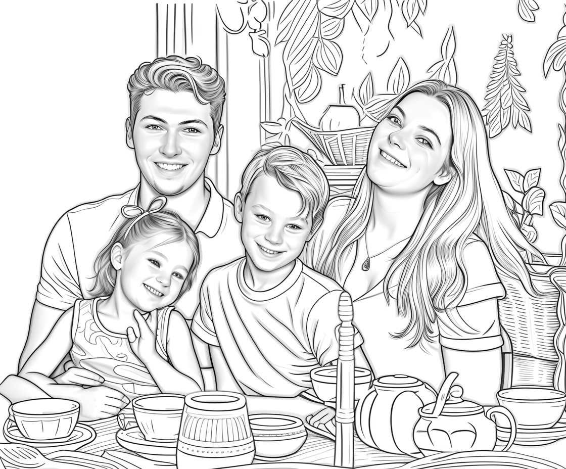 line sketch drawing of a family from a reference photo, created by generative AI similar as MidJourney and ChatGPT