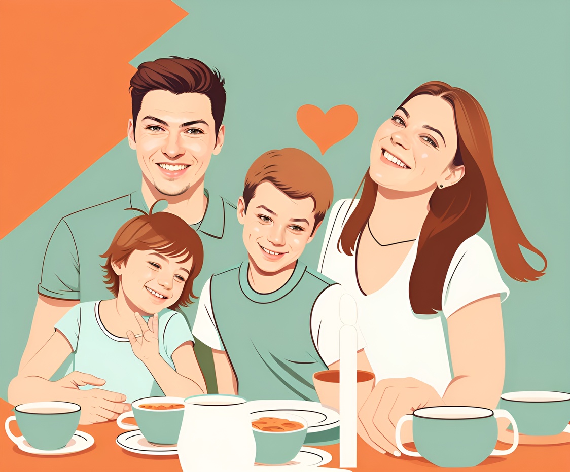 vector art drawing of a family having dinner, created from a reference photo by generative AI similar as MidJourney and ChatGPT