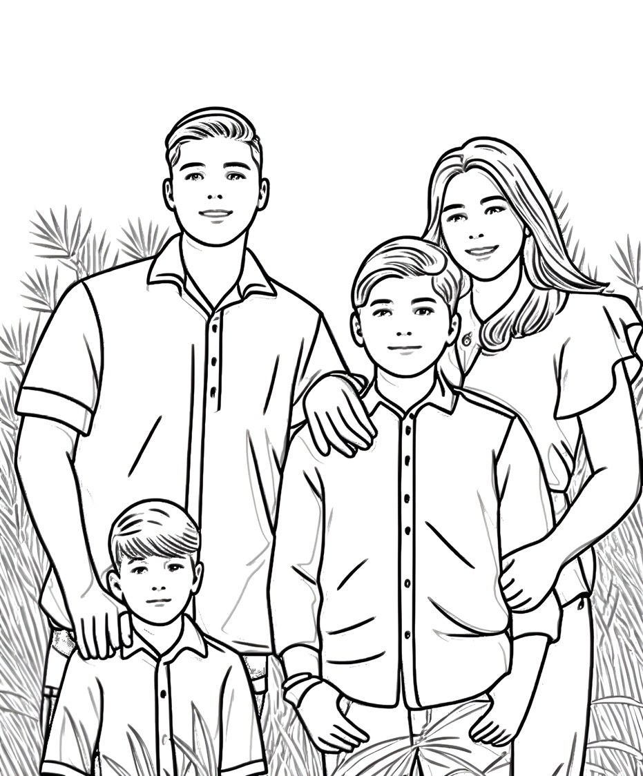 coloring page of a family, created from a reference photo by generative AI similar as MidJourney and ChatGPT