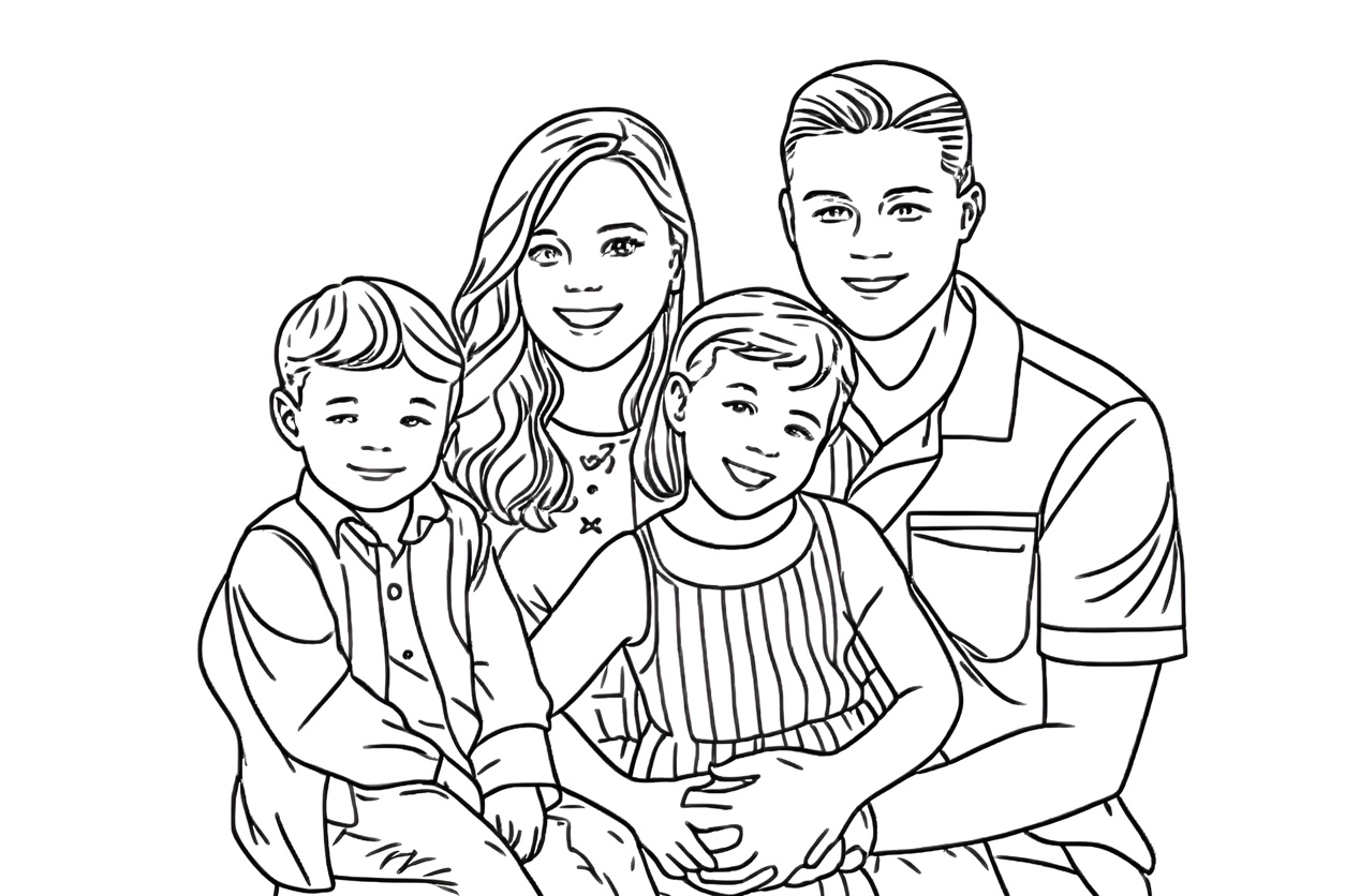 coloring page of a family, created from a reference photo by generative AI similar as MidJourney and ChatGPT